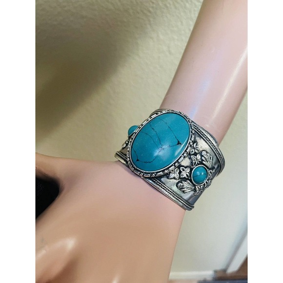 Myra Rwanda Open Cuff Bracelet Silver Tone Copper Turquoise Look - Myra 606 - Picture 7 of 12